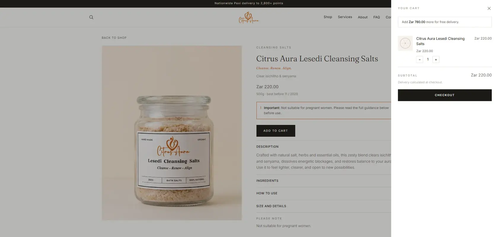 The Citrus Aura cart drawer, showing quantity, a Rand subtotal, how much more is needed for free delivery, and the checkout button