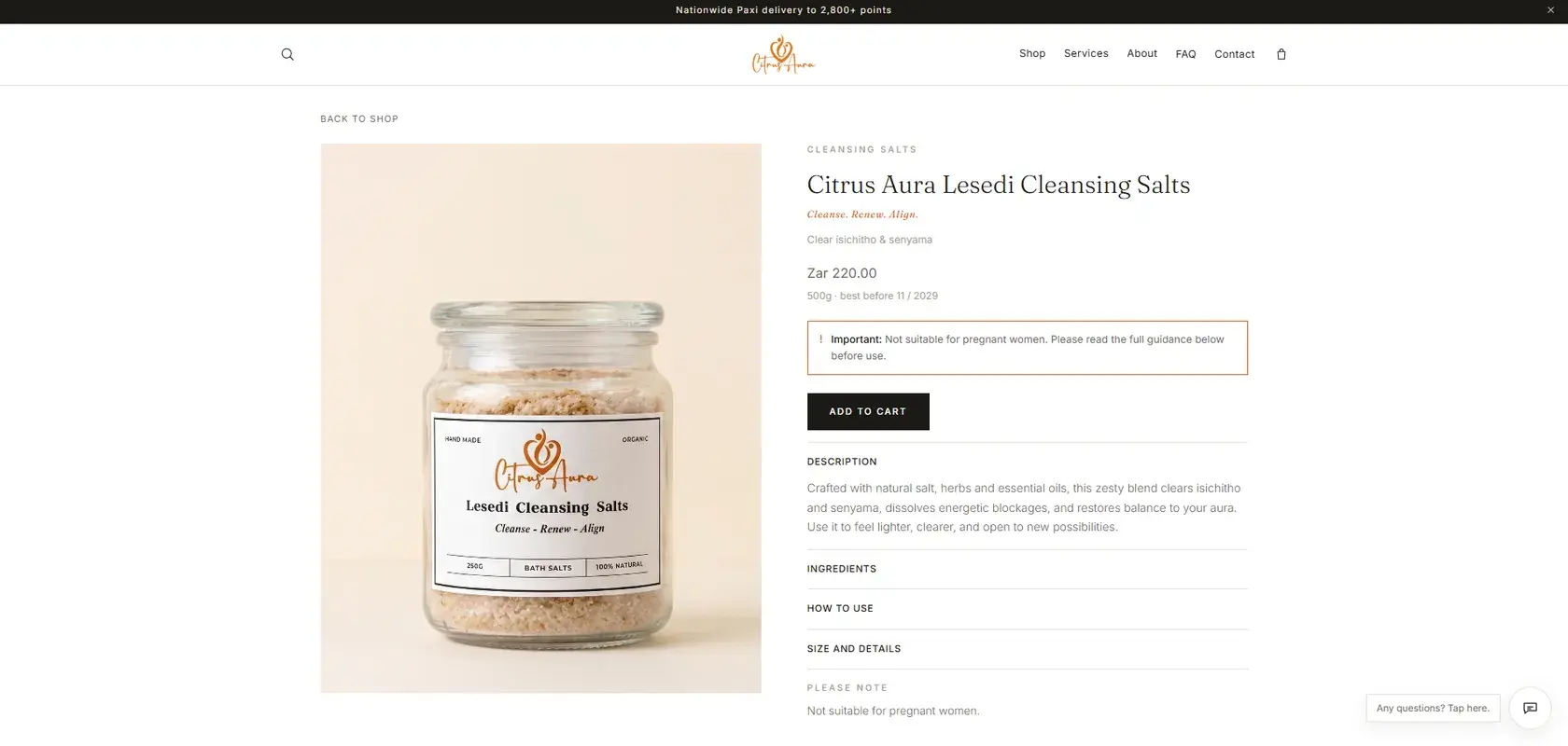 A Citrus Aura product page showing the price, size and best before date, a suitability warning, and expandable sections covering ingredients, how to use, and size and details