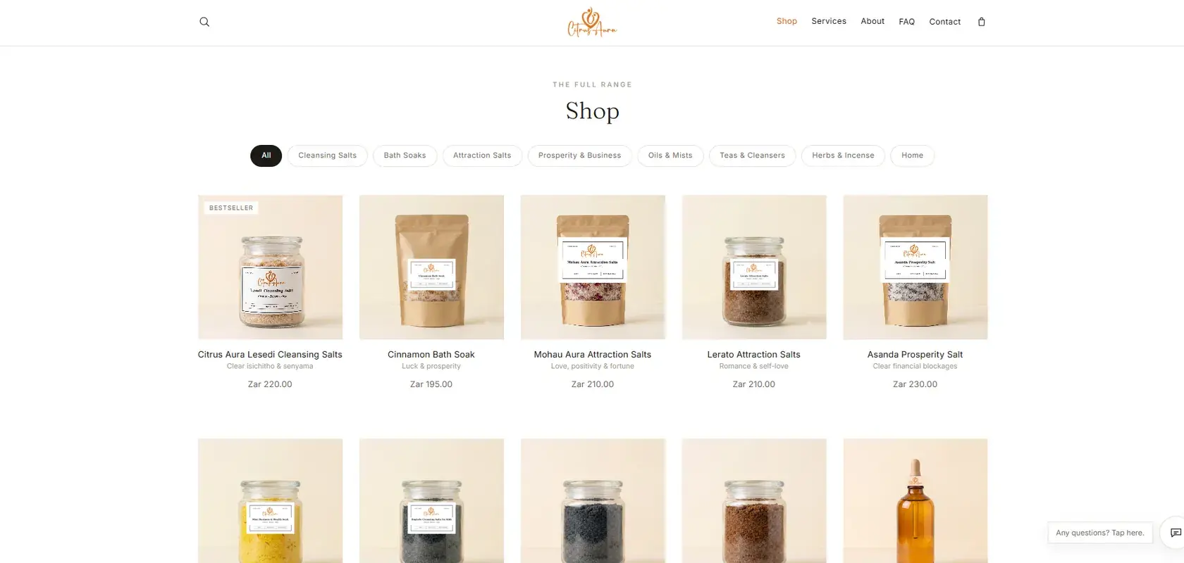 The Citrus Aura shop page, filtering the full range by category with each product priced in Rands