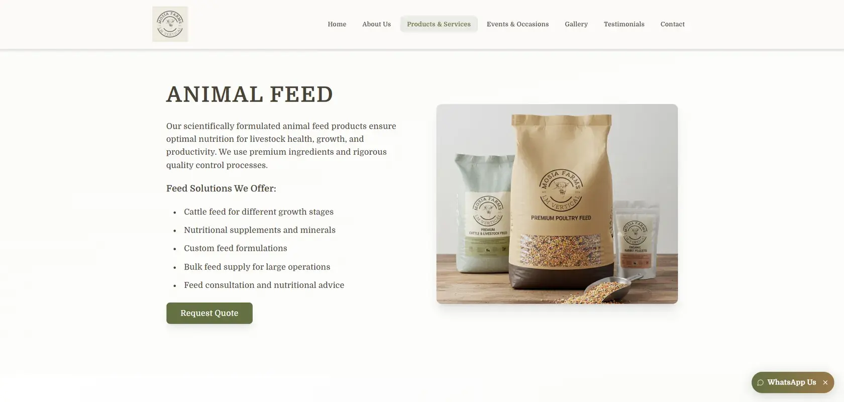 The Mosia Farms animal feed page, listing the feed solutions offered with a request quote button