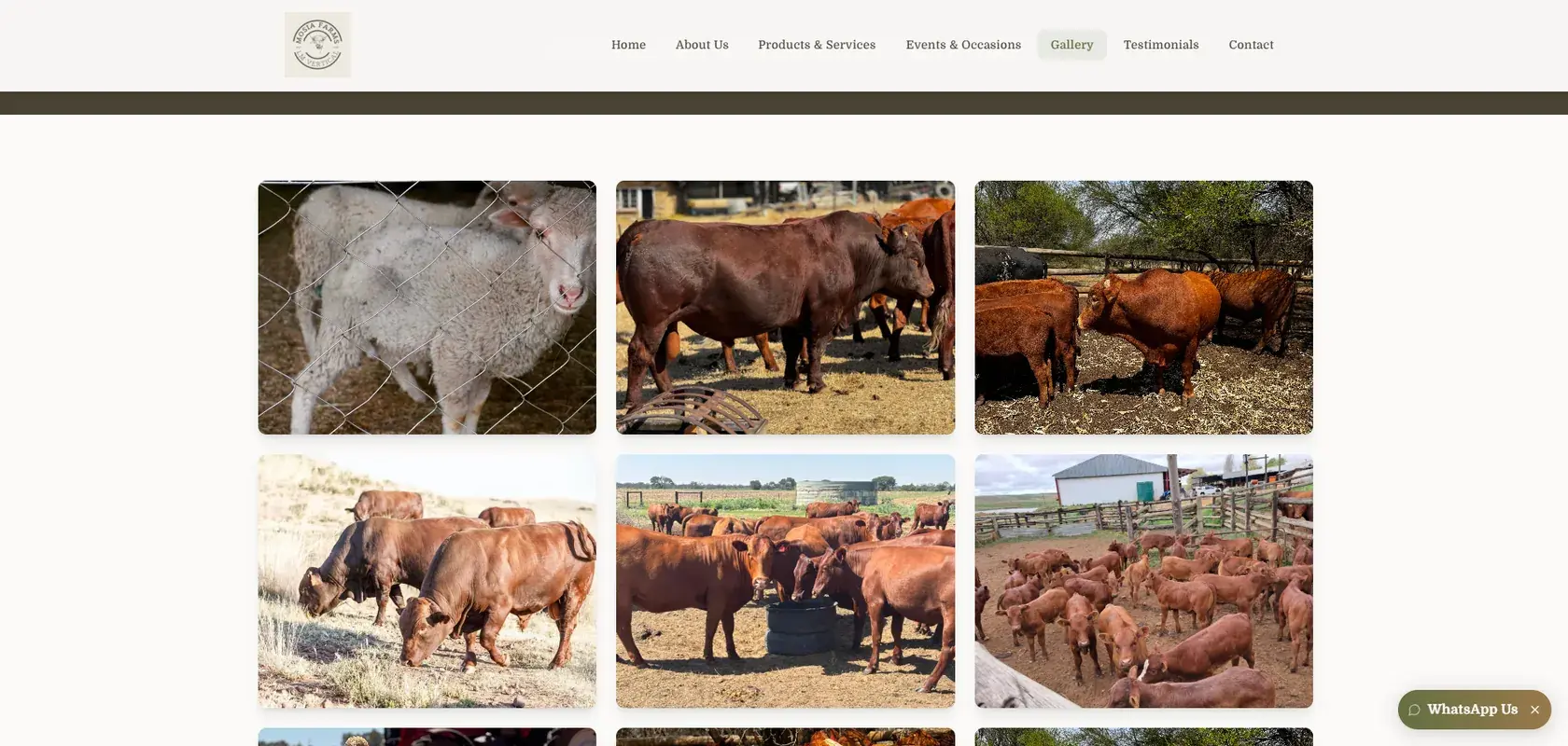 The Mosia Farms gallery page, a grid of photographs of the livestock on the farm