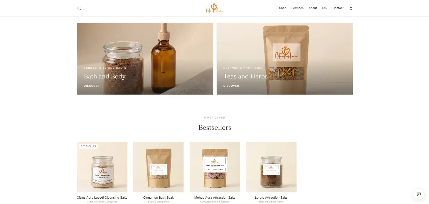 The Citrus Aura storefront home page, with Bath and Body and Teas and Herbs categories above a row of bestselling products