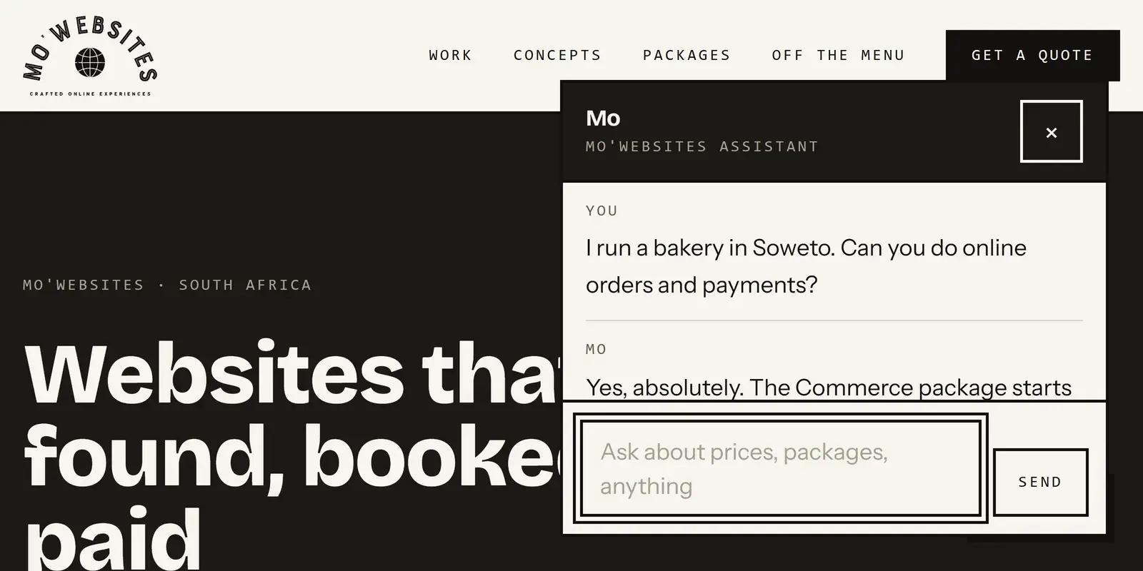 Mo answering a visitor who asks whether a Soweto bakery can take online orders and payments, replying with the Commerce package