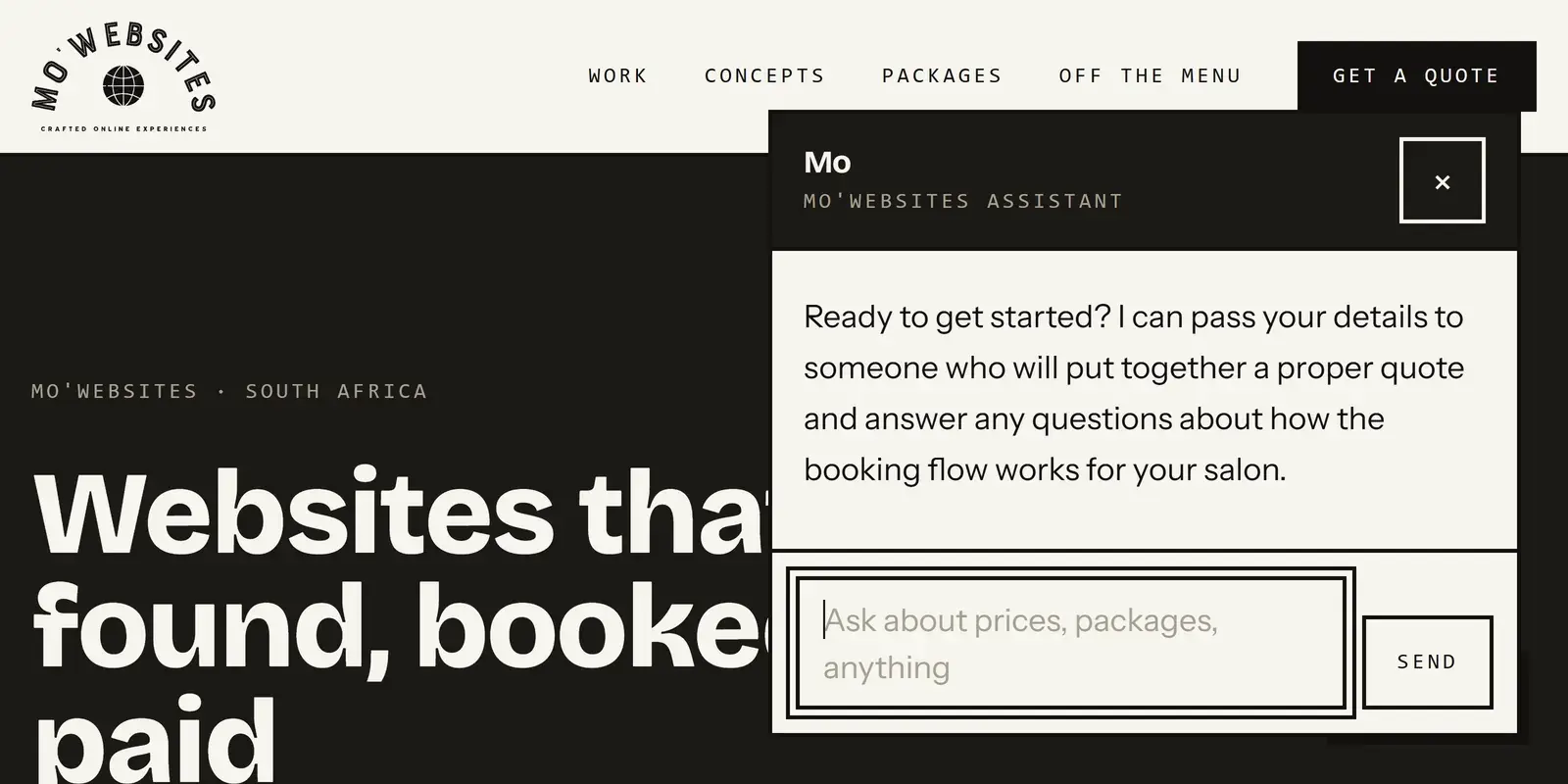 Mo offering to pass a visitor's details to someone who will put together a proper quote and explain how the booking flow would work for their salon