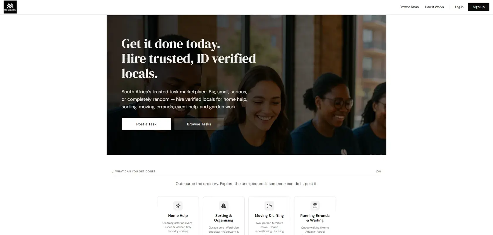 The Mosebetsi web platform home page. The headline reads Get it done today, hire trusted ID verified locals, above buttons to post a task or browse tasks