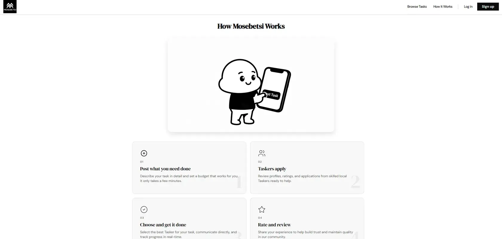 The Mosebetsi How It Works page, stepping through posting a task, taskers applying, choosing one, and rating the work