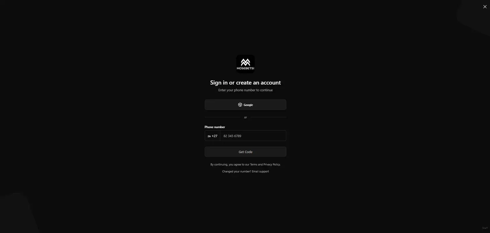 The Mosebetsi sign-in screen, offering Google sign-in or a South African phone number for a one-time passcode