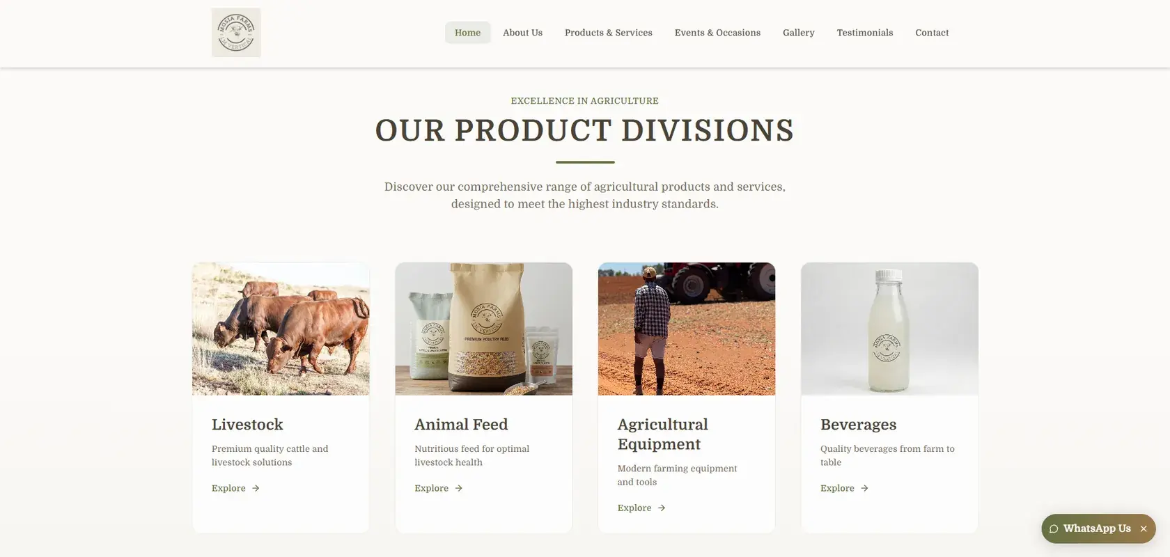 The Mosia Farms home page, showing the Livestock, Animal Feed, Agricultural Equipment and Beverages product divisions