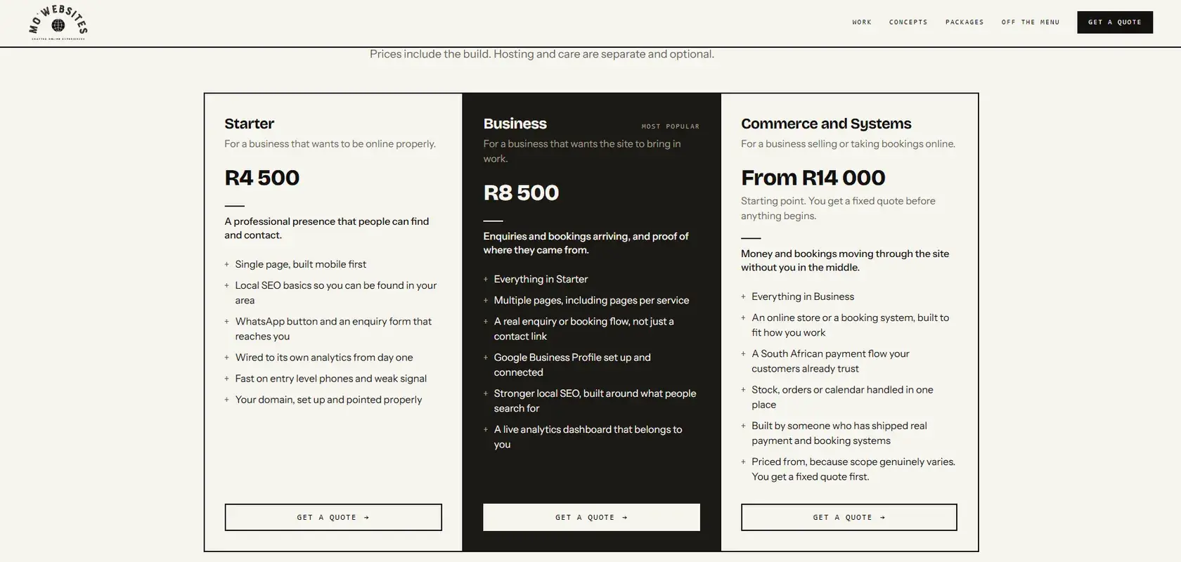 The Mo'Websites packages page, setting three tiers side by side, Starter, Business, and Commerce and Systems, each with its price and what it includes